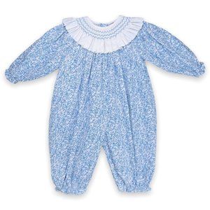 Vintage Blue Floral Ruffle Collar Smocked Long Sleeve Bubble Romper Outfit 18m +